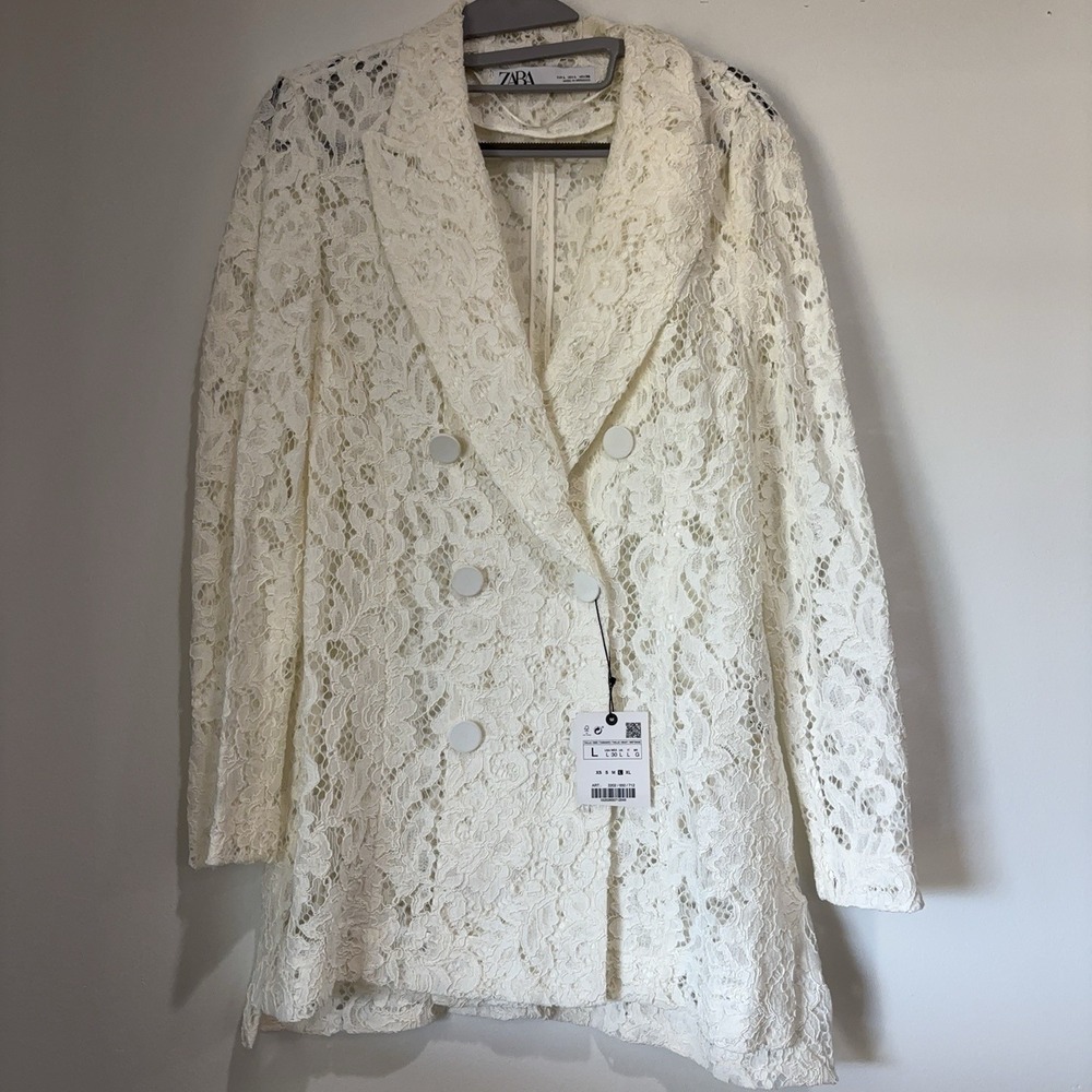 ZARA Blazer Womens L White Floral Lace Tuxedo Shawl Collar Double Breasted NWT